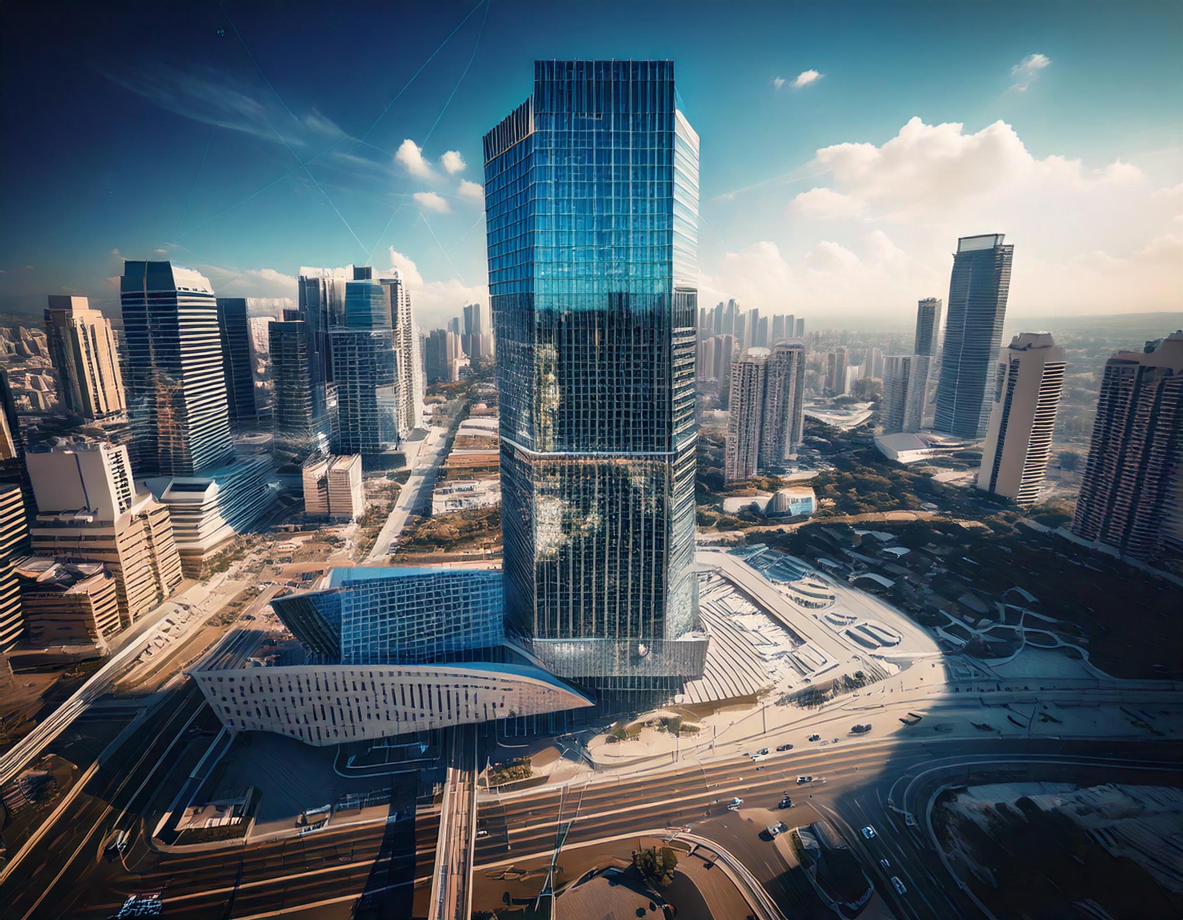 Firefly aerial photo of a luxurious skyscraper building in the middle of a city with skyscrapers aro (2)