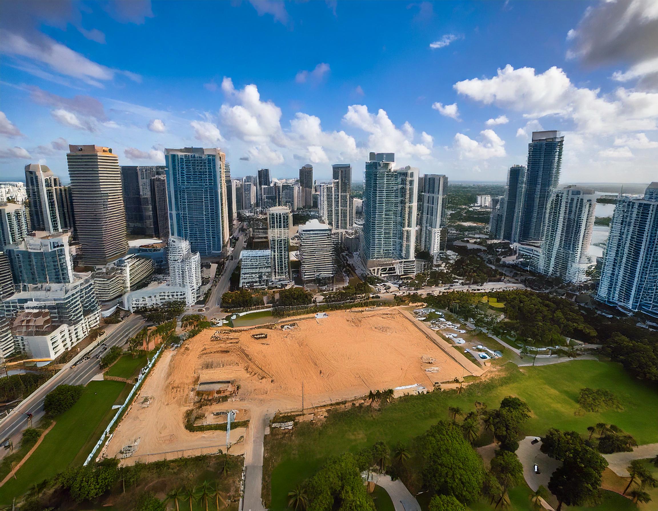 Firefly aerial photo of an empty lot plot of land in the middle of a city with skyscrapers around. T (1)